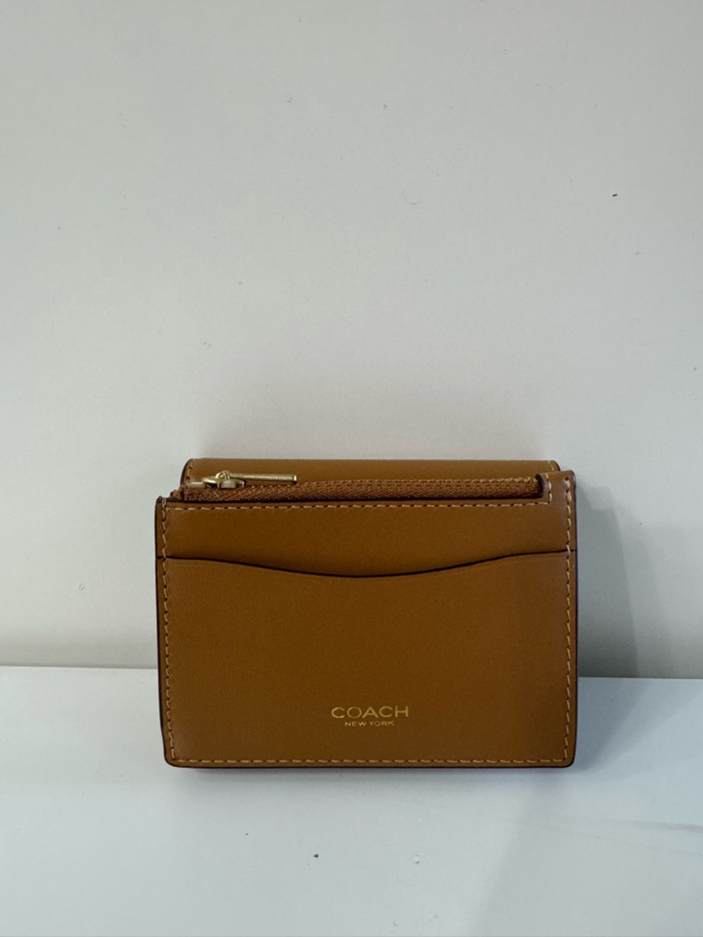 Coach Leather Trifold Wallet with Gold Accent, Honey Brown, Detachable Zip Pouch - Picture 2 of 7